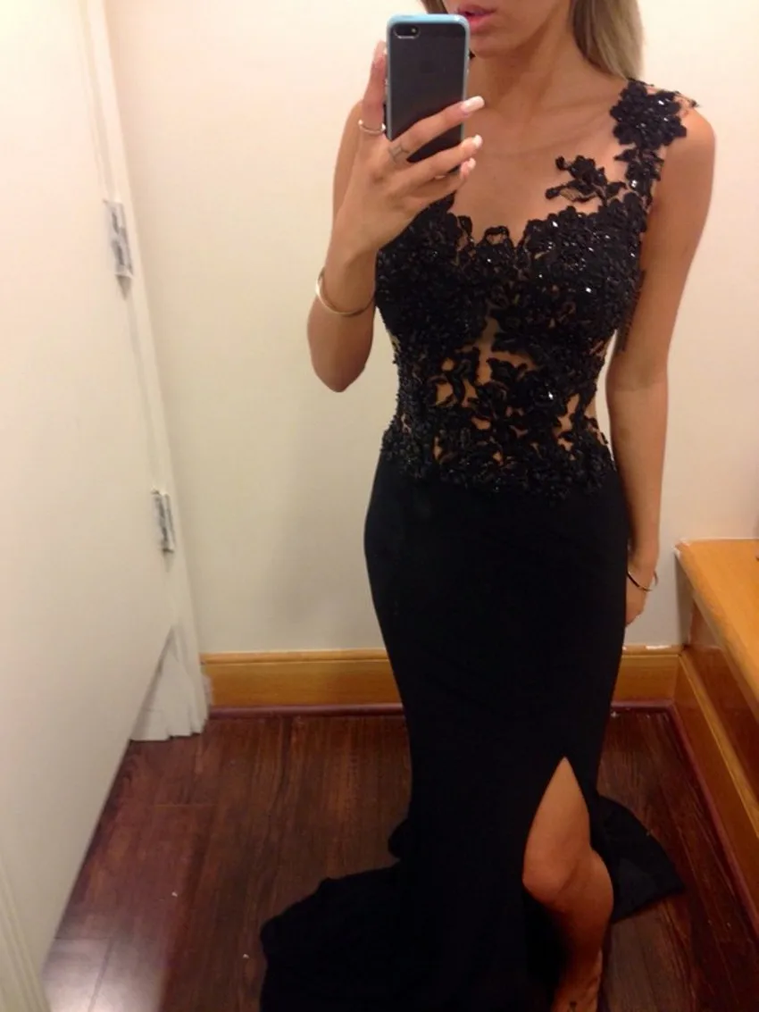 Black Mermaid Evening Dress 2017 Sexy O-Neck Sleeveless Elegant Applique Crystal Woman Long Party Formal Dresses Custom Made | Свадьбы и