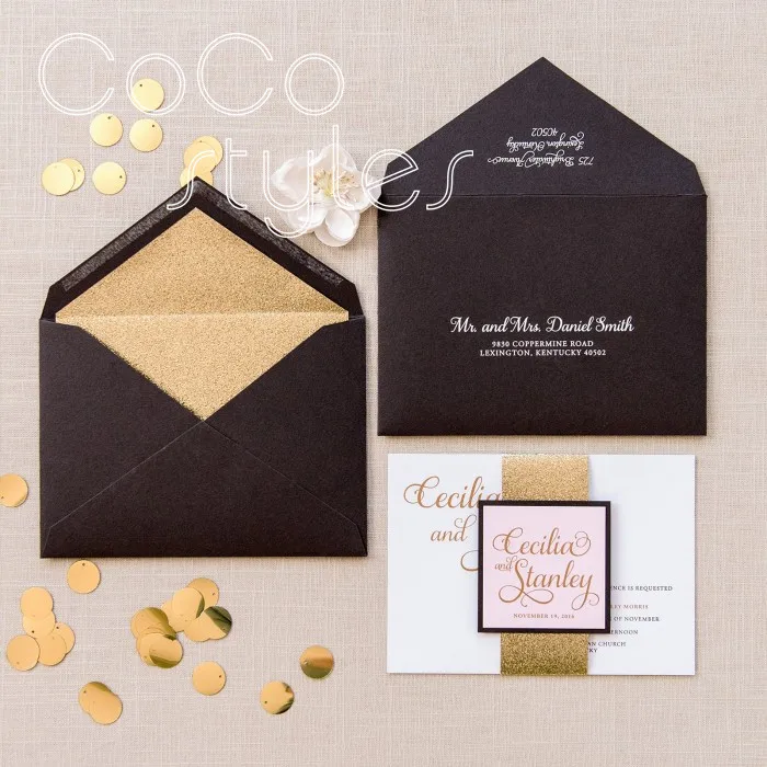  Cocostyles customized shiny glitter invitation card set with gold foiling printing for fantasy wedd - 32890848780