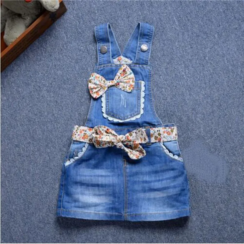 New 2017 Brand Baby Girls Denim Sundress Girls Suspender Denim Dress Heart Flower print Mini Sundress