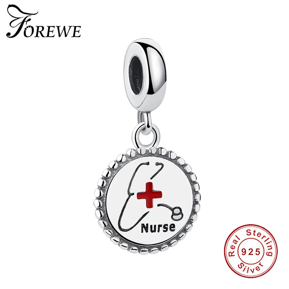 

FOREWE Fashion Charm Beads 925 Sterling Silver Nurse Pendant Bead fit Pandora Charm Bracelet Original Women Jewelry Making