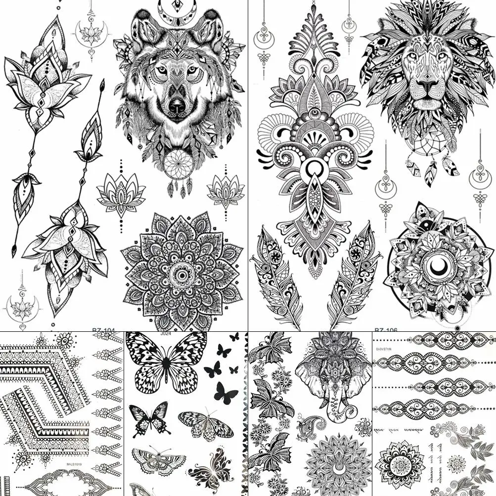 

India Black Women Mandala Fake Waterproof Lion Feather Tattoos Stickers Girls Body Arm Tatoos Temporary Henna Boho Flora Tattoo