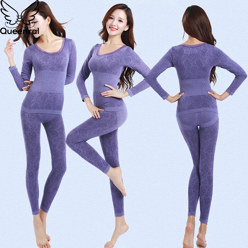 Queenral Sexy Warm Thermal Underwear Women Winter Thermal Underwear Seamless Long Johns Breathable Ladies Slim Underwears Sets