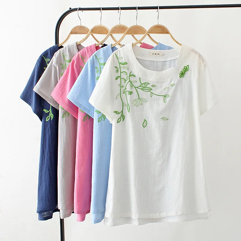 Summer Fat Mm Thin Cotton T-shirt Linen Embroidery Green Leaf Short Sleeve T Shirt Women New Fashion Casual Tshirt Pure Color Tops