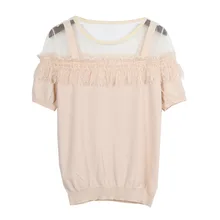 GRUIICEEN Новая модная кружевная женская футболка футболки из лоскутной сетки с короткими рукавами, вязаные футболки сексуальная тонкая футболка