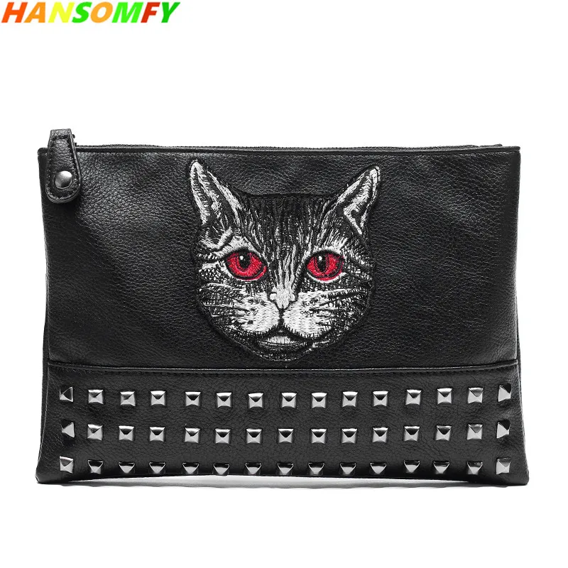 

Trendy men's fashion Cat handbag Korean version of the new youth hand bag street leather rivets clutch bag ipad shoulder bags