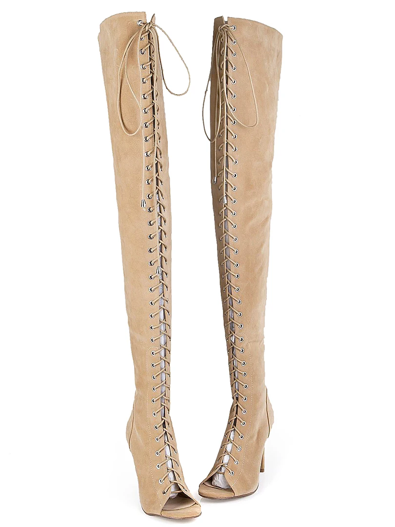 

2017 Star Botas Mujer Open Toe Lace Up Thigh High Boots Cut Out Knee High Gladiator Sandals Summer Boots Women Shoes Plus Size