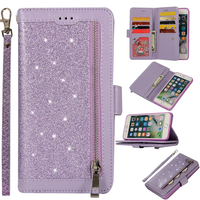 

Bling Flip Cover Glitter Card Pocket Zipper Wallet PU Leather Stand Back Case For Samsung Note 8 9 S7 Edge S8 S9 S10 Plus S10E