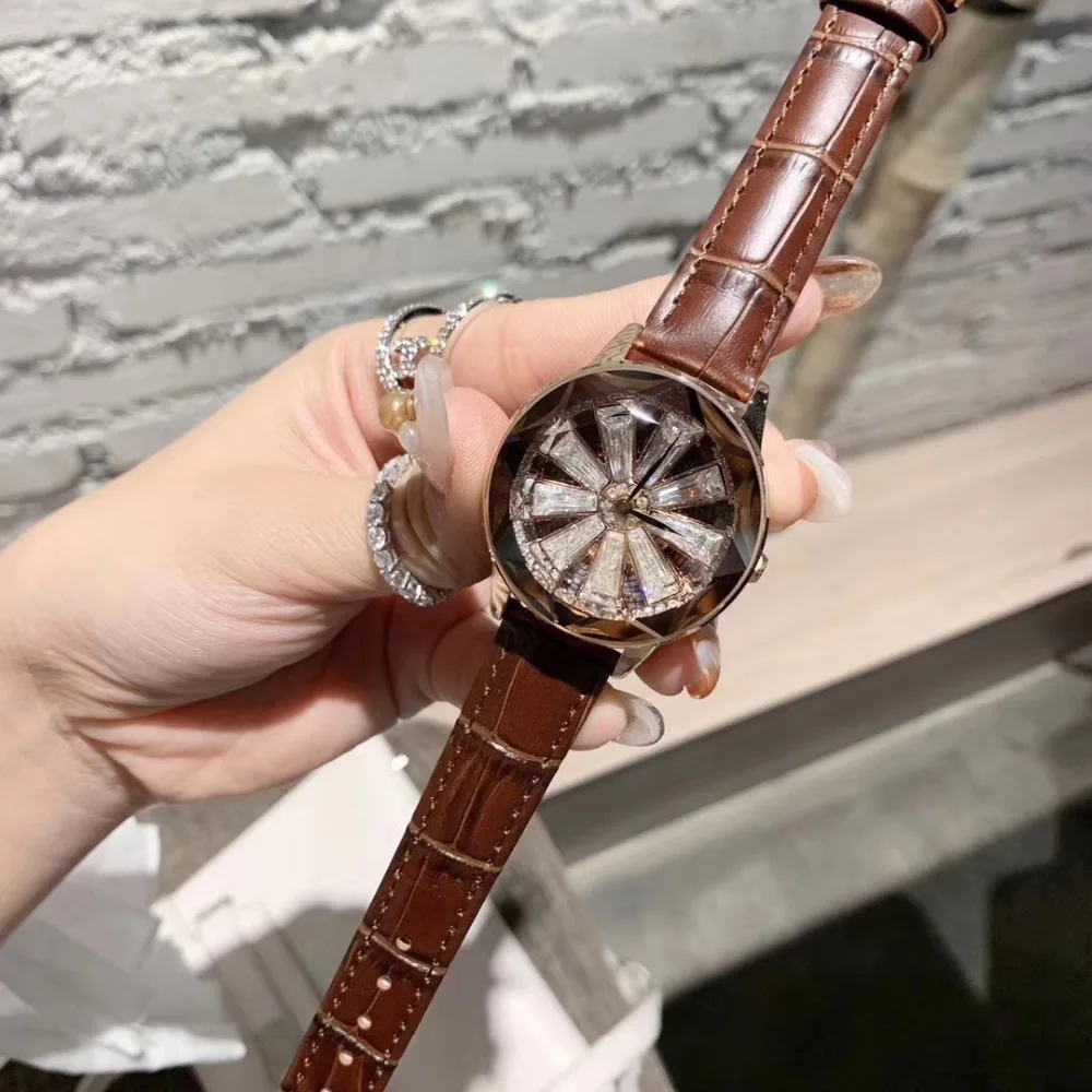 

Romantic Sunflower Rhinestones Watches for Women GOOD LUCK Spinning Wristwatch Quartz Candy Colors Real Leather Watch Waterproof