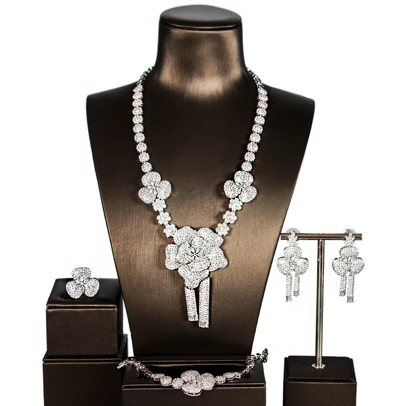 

LAN PALACE flowers wedding jewelry copper alloy cubic zirconia jewellery set earrings necklace ring bracelet free shipping
