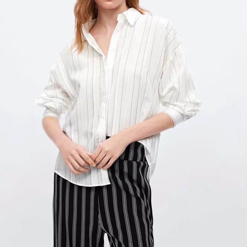 Women Loose Cotton Blouse Autumn Long Sleeve Turn Down Collar Striped Casual Ladies Shirts Button Office Shirt ZA8970 |