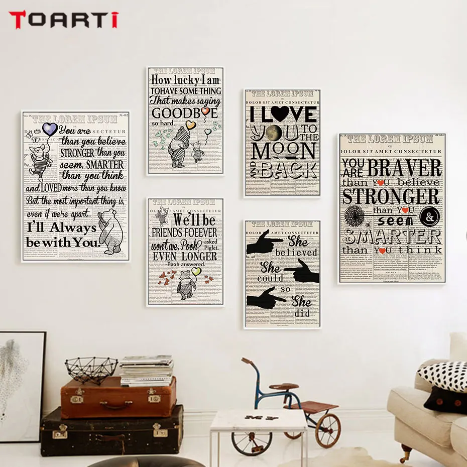 Pooh Bear Newspaper Scribble Love Quotes Wall Poster Scandinavian Art Prints Nursery Painting Decor For Kids Room Christmas Gift (2)
