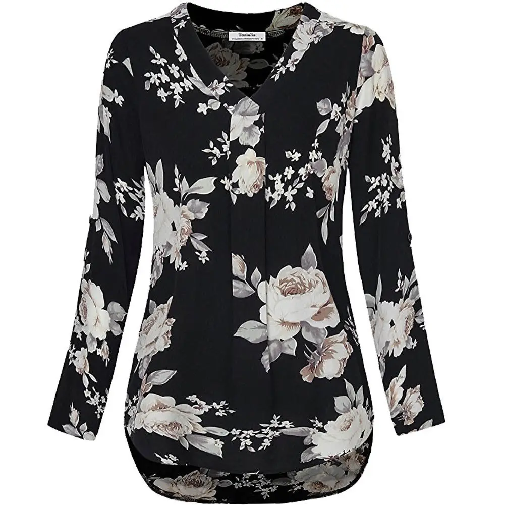 

Women's Ladies Shirt Vintage Floral Print V-neck Tunic Plus Size Ladies Summer Blouse Black Blue