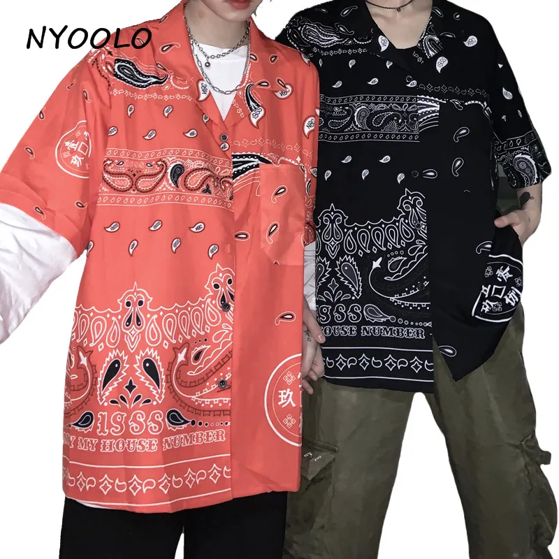 

NYOOLO Harajuku style Paisley letters print loose Cardigan shirt Summer streetwear short sleeve shirt women men clothing tops
