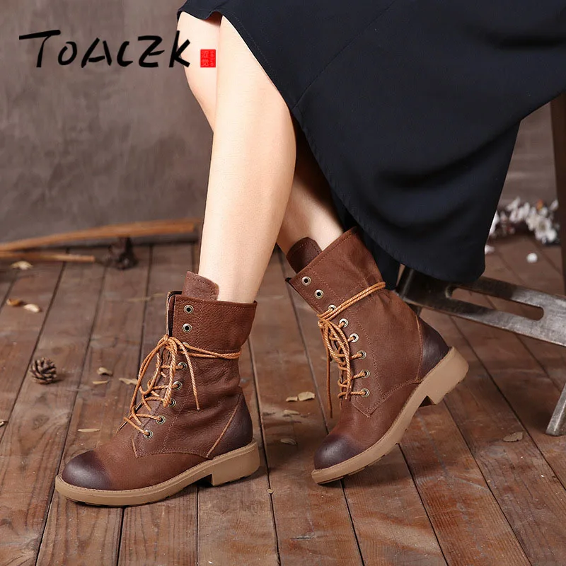 

Leather flat-bottomed retro-martin boots fur lace-up warm womens boots