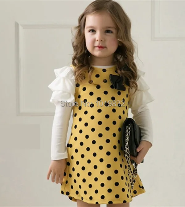 

Girl Winter Dress Yellow With White Polka Dot Long Puff Sleeve Dresses Girl Princess Dress