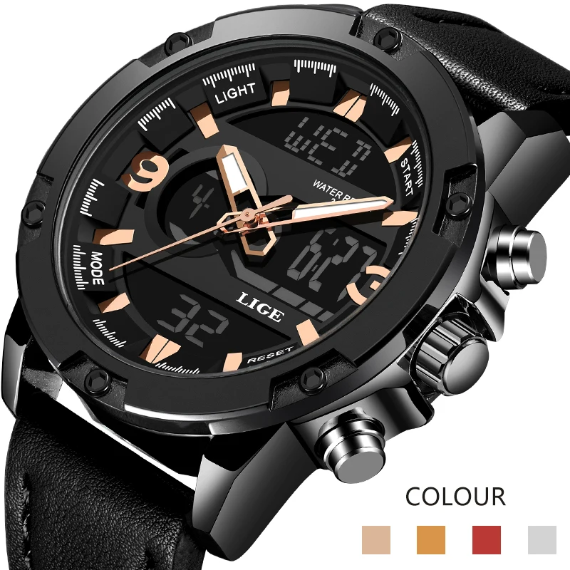 

LIGE Mens Watches New Fashion Denim Style Sports Chronograph Leather Outdoor LED Digital Electronic Analog Quartz Watch Men