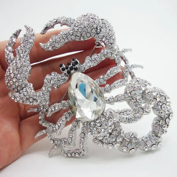 Fashion Jewelry Animal Scorpion Silver-plate Brooch Pin Clear Rhinestone Crystal