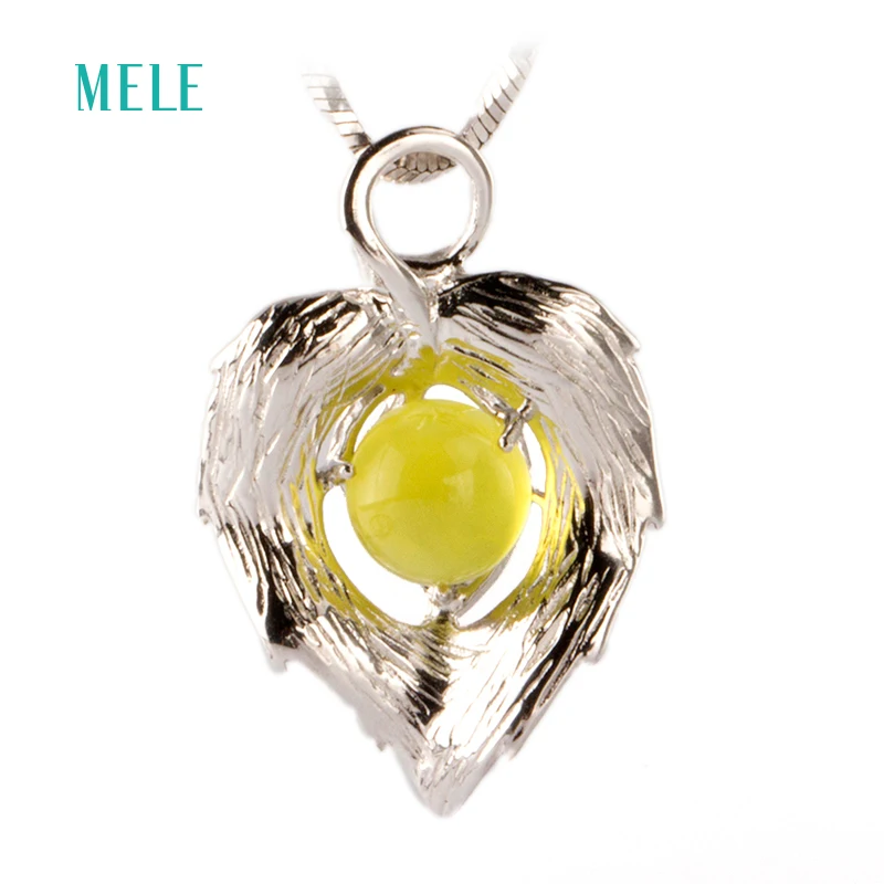 

Natural yellow prehnite silver pandant, round 7mm*7mm, lovely leaf, deep yellow color, good quality