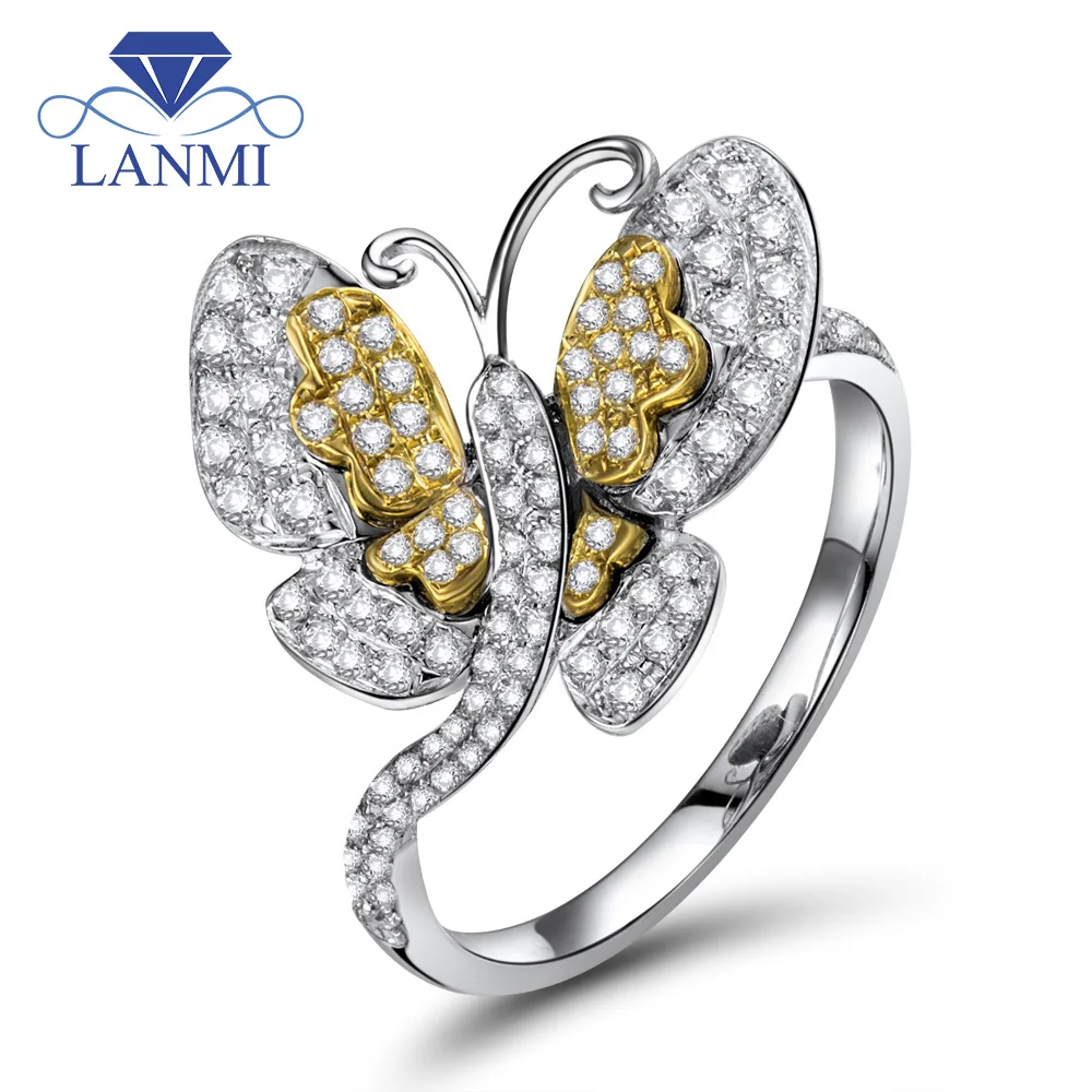 

LANMI New Design Solid 18K Two Tone Gold Diamond Wedding Ring Butterfly Shape Loving Gift for Women