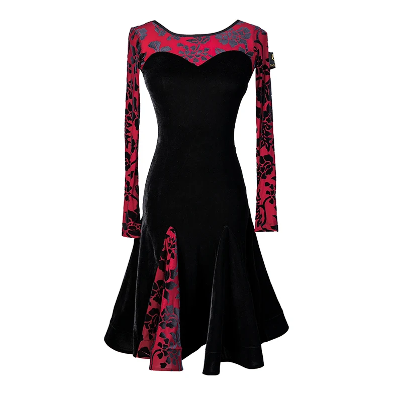 Latin Dance Dress Long Sleeve Red Velvet Print Latin Dress Competition