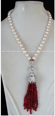

New Design 9-10mm White Round Freshwater Pearl Clasp 4mm Red Pearl Necklace 18" Factory Wholesale price Women Gift word Jewelry
