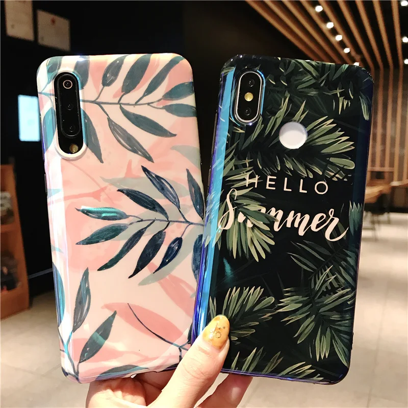 

Redmi Note7 Pro Luxury Phone Case Green Pink Leaves ins Hot Style Mobile Phone Cover For xiaom mi 8 A2 9SE redimi note 7 Couqe