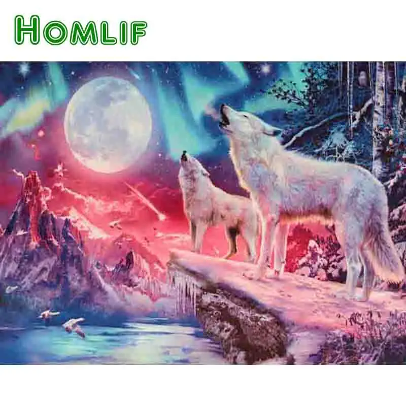 HOMLIF 5D алмазная вышивка сделай сам волки и Северные огни живопись крестиком