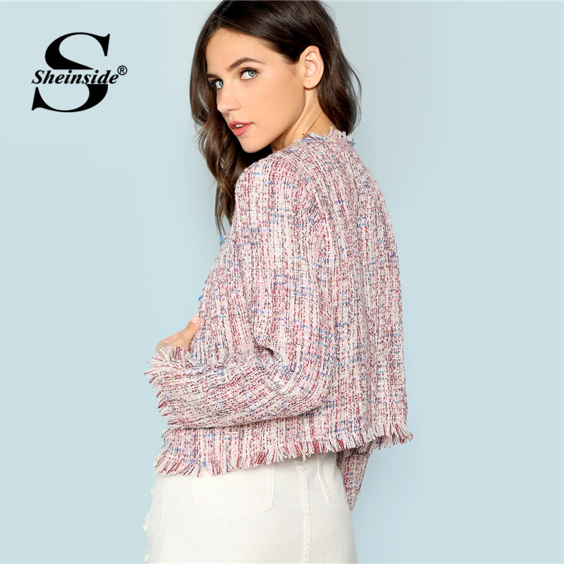 Sheinside Frayed Trim Tweed Elegant Coat Ladies Workwear Womens Jackets and Coats 2018 Women Long Sleeve Collarless Jacket Coats