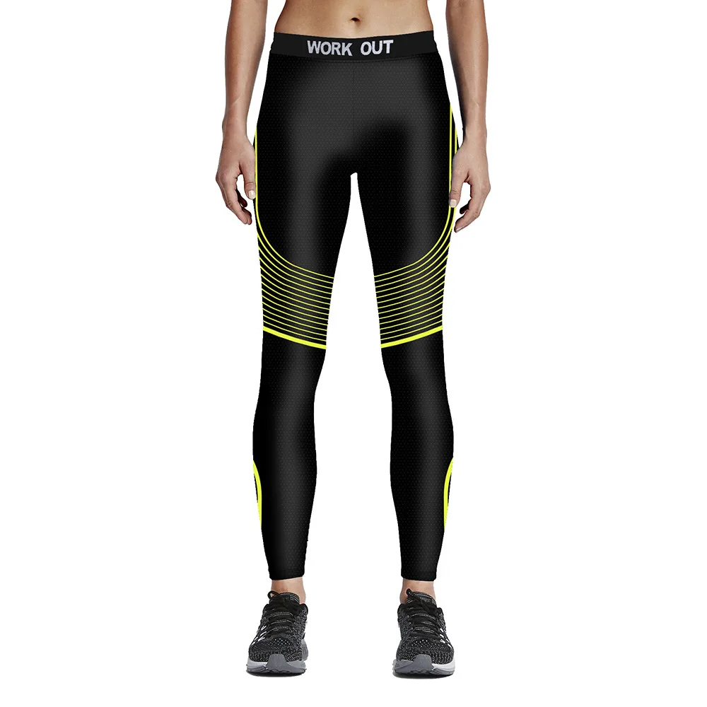 Yellow Stripe on Black Fitness Leggings 