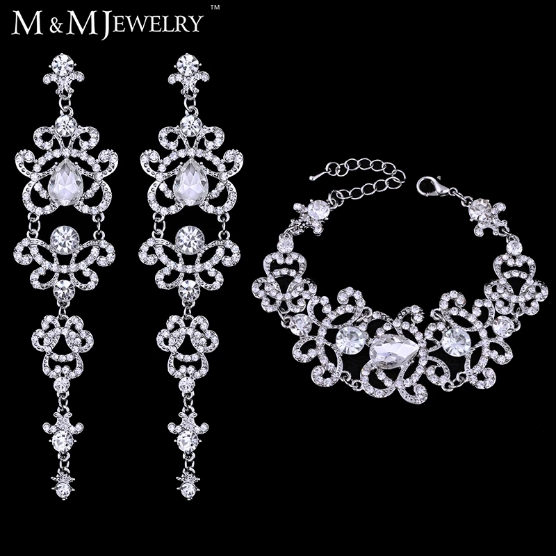 Minmin Charming Bridal Jewelry Sets for Women Crystal Bracelet Long Earrings for Wedding African Beads Jewelry Set EH166+SL032
