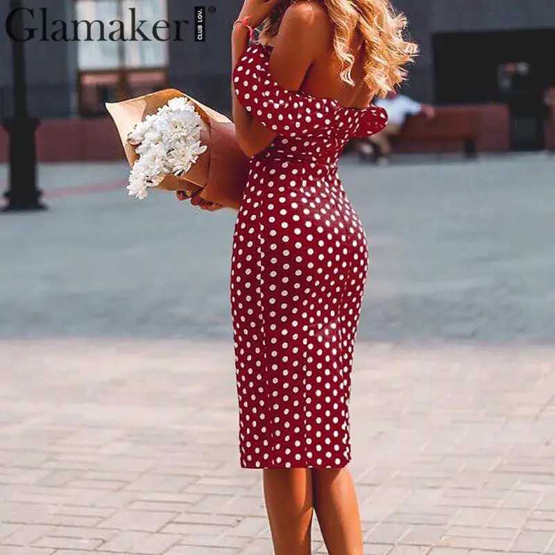 Glamaker بولك نقطة خمر bodycon ماكسي اللباس المرأة مثير قبالة الكتف الصيف ميدي اللباس الإناث رفع حزب نادي اللباس vestidos