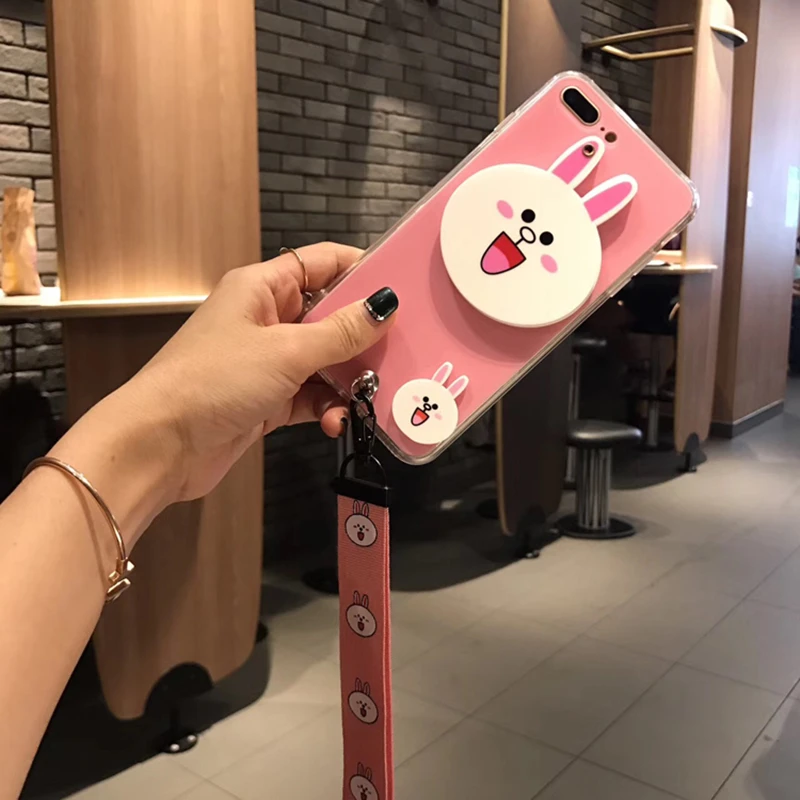 Aoweziic Bear rabbit 6S mobile phone shell 7plus silicone sleeve For iphone X XS simple 8Plus female lanyard mirror shell