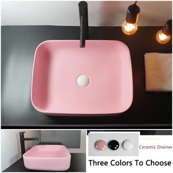

Pink Rectangular Ceramic Bathroom Sink Lavatory Color Basin Countertop Shampoo Sink Washbasin With Ceramic Pop-Up Drainer