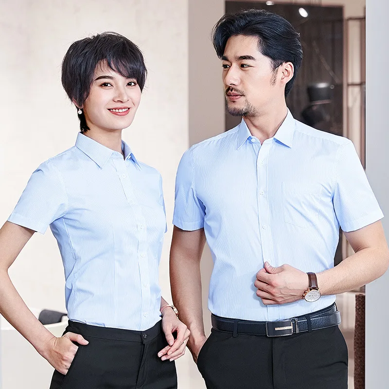 

2018 new men and women Slim-free business short-sleeved professional shirt female summer pinstripes