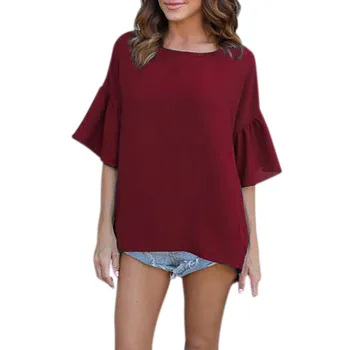 

Women Chiffon Shirts Summer O-Neck Half Sleeve Flare Sleeve Solid Causal Blouse For Women Blusas