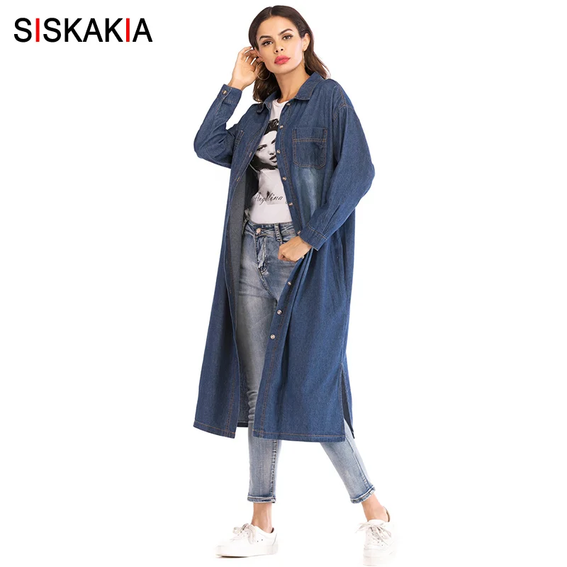 Siskakia Womens Denim Trench Coat Fall Autumn 2018 Single