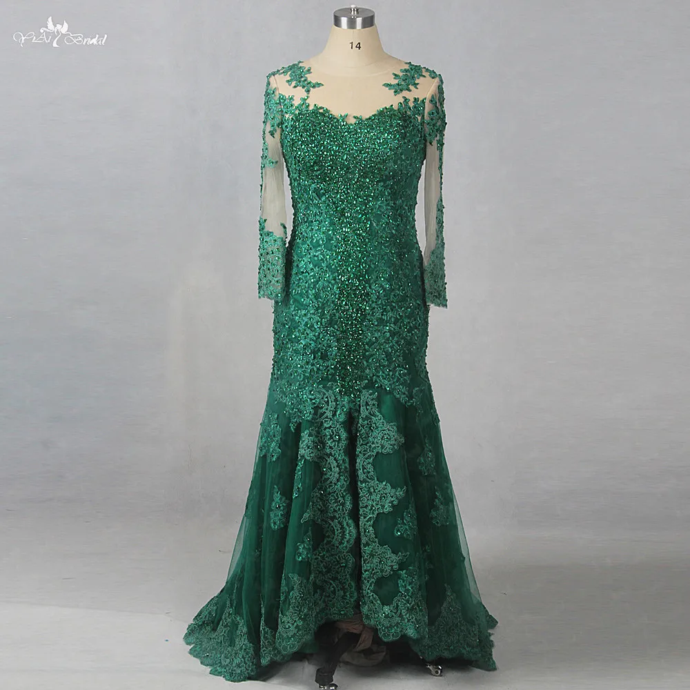 

RSE809 Woman Lace Dress Elegant With A Slit On Center Long Sleeve Beaded Mermaid Custom Plus Size Green Prom Dress
