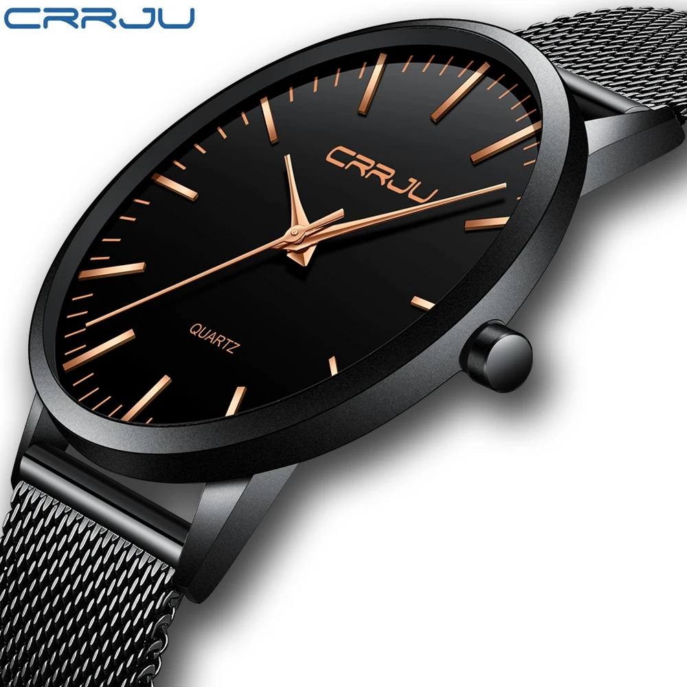 

Simple Quartz Sport Leather Wrist Watch CRRJU Brand Luxury Mens Ultra thin Watches Fashion Stainless Steel Clock