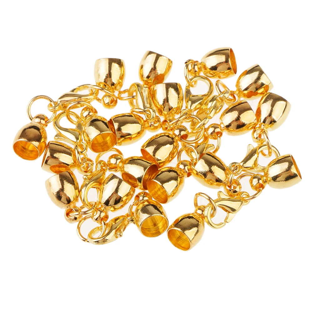 10x Gold Bell Shape Leather Cord End Cap Tips for 5mm Cord with Lobster Clasps Jewelry Findings for DIY Bracelet Necklace