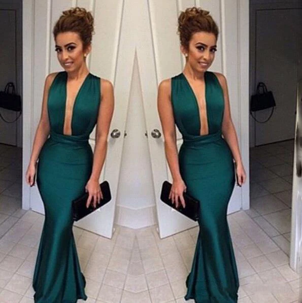 

Simple 2019 Mermaid Prom Dresses With Sexy Deep V Neck Backless Floor Length Formal Evening Party Gowns Custom Made Prom Dress