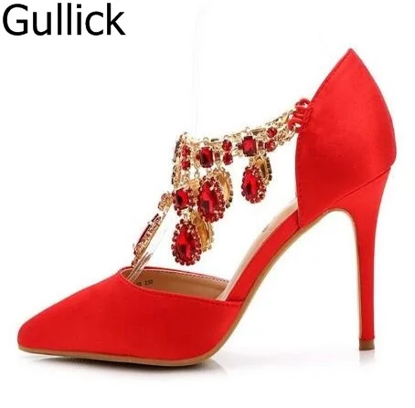 

Women Pointed Toe Silk Leather Solid Color Sandal Bling Bling Crystal Decoration Cover Heel Party Shoes Ankle T-Strap High Heels