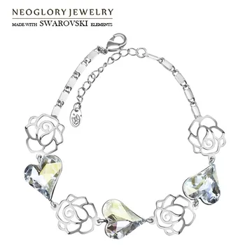 

Neoglory Crystal Charm Bracelet Flower With Love Heart Design Romantic Valentine's Gift Embellished With Crystals From Swarovski