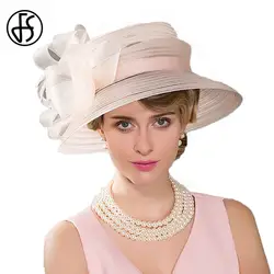 FS широкими полями головные уборы для женщин Свадебные бантом перо фетровых розовый Дерби в Кентукки Hoeden Летняя шляпка для церкви для Для