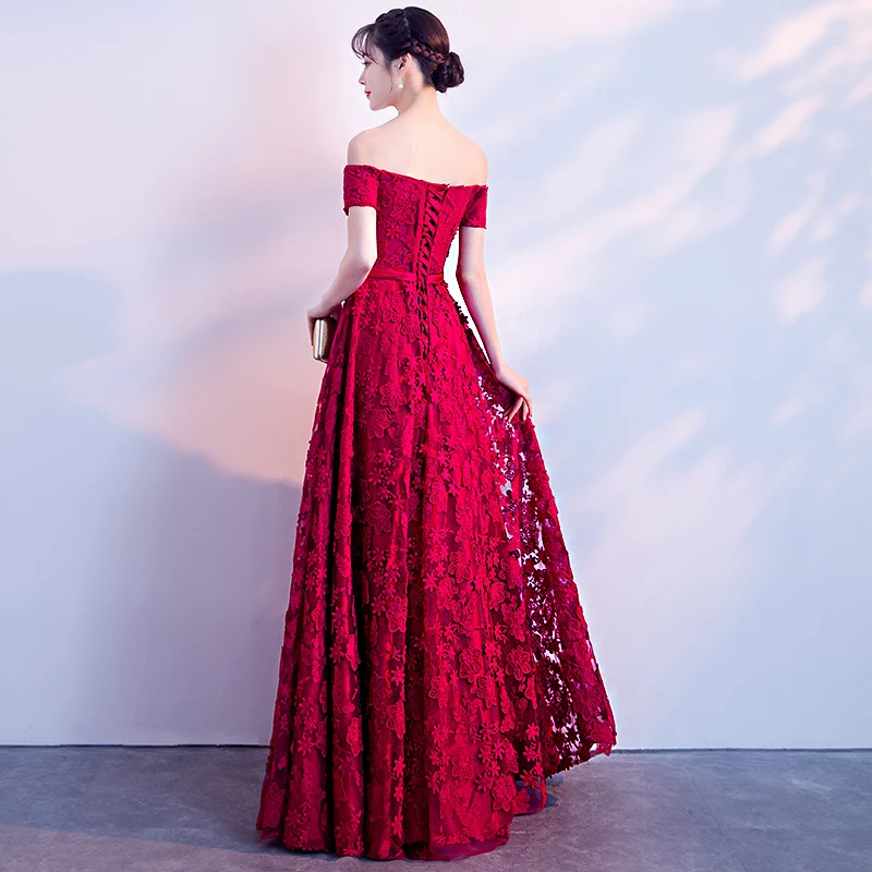 Elegant Wine Red Evening Dresses Long Boat Neck Off The Shoulder Floor-Length Lace Formal Dresses For Women Evening Gowns LF423
