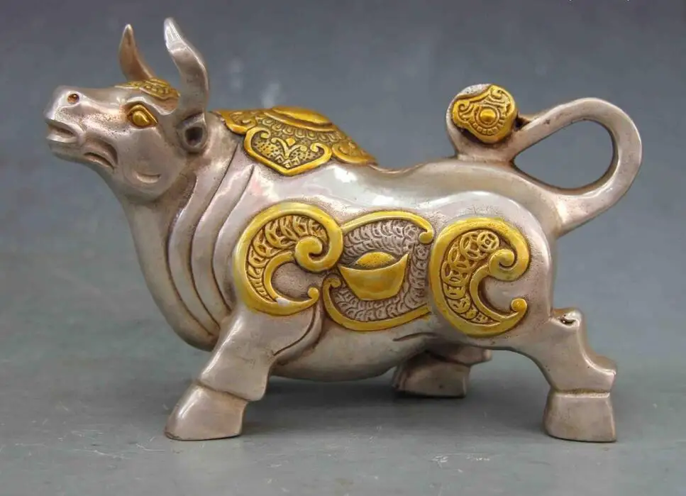 

free 4" Chinese White Copper Silver Feng shui Lucky Wealth RuYi YuanBao Cattle Wild ox fast