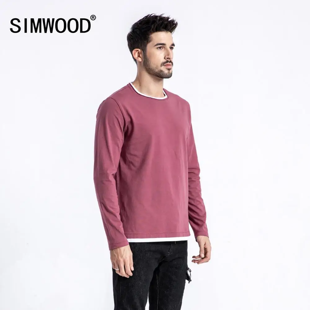 Najtaniej SIMWOOD 2019 jesień nowy fałszywy dwuwarstwowy T Shirt męski z długim rękawem 100% modna bawełniana topy wysokiej jakości Slim dopasowane t shirty 180109