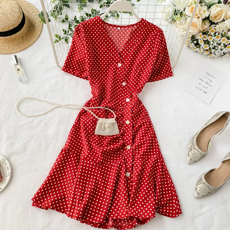 

2019 new fashion women's dresses Polka Dot Dress Summer Sweet Short Sleeve Ruffles Fishtail