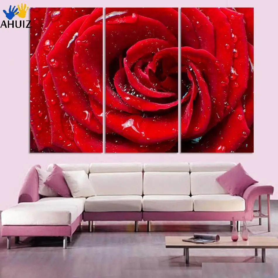 

3 piece wall pictures for living room canvas painting art prints decoracion Red Rose water flower cuadros modern home No Frames