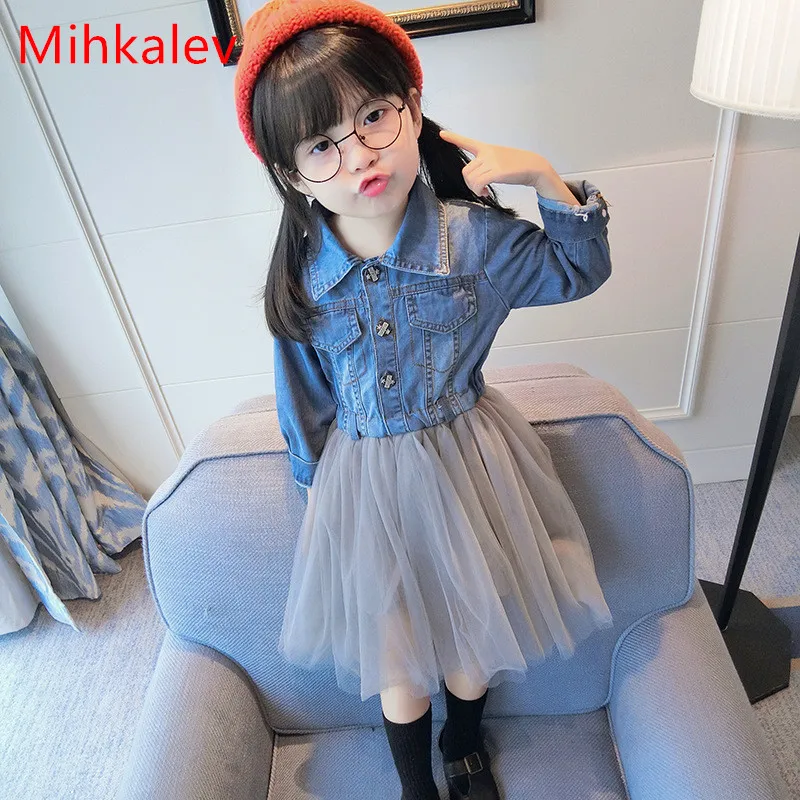 

Mihkalev Cute mesh kids dresses for girls 2018 long sleeve princess dress for children denim princess dress girl pary clothes