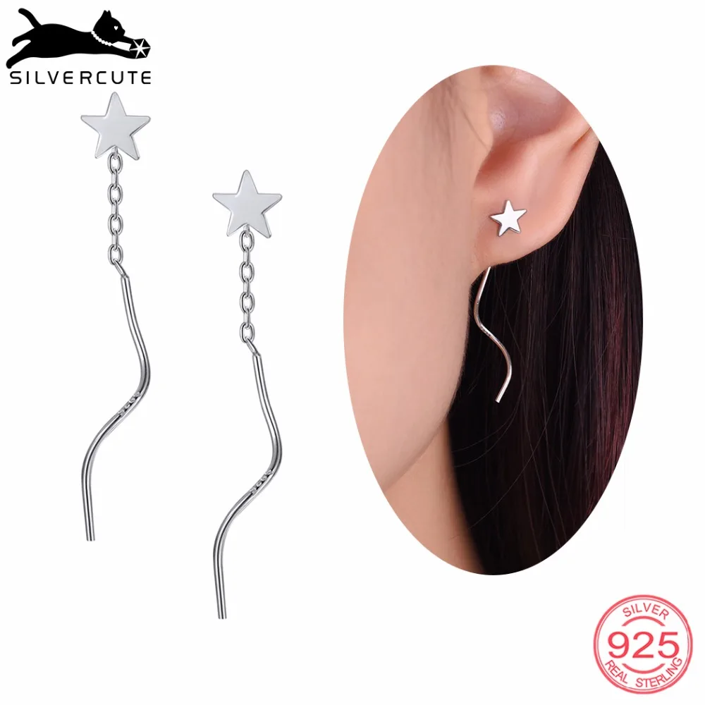 SILVERCUTE крошечная звезда нитевдеватель серьги для женщин Настоящее 925 пробы